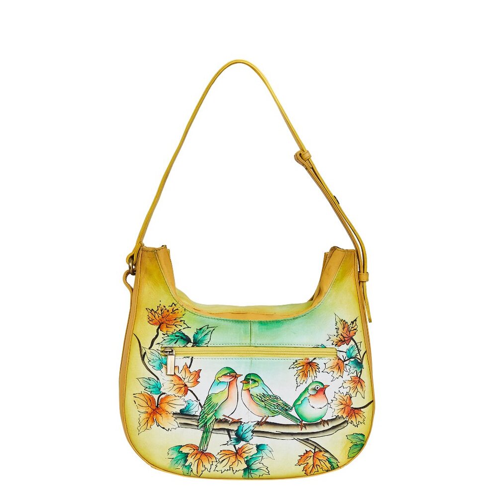 Leather hand-painted hobo shoulder bag with bird artwork, satchel sling bag